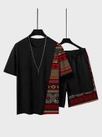 Heren etnische geometrische print patchwork korte mouw tweedelige outfits