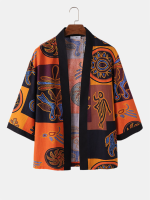 Heren etnische totem kleurblok contrasterende katoenen kimono