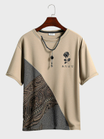 Heren etnische totem rose Japanse print patchwork T shirts met korte mouwen