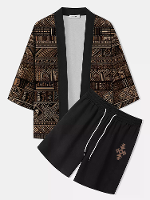 ChArmkpR Heren Etnische Tribale Geometrische Patroon Losse Kimono Twee Stukken Outfits