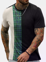 ChArmkpR Heren Geruite Patchwork Korte Mouw T shirts