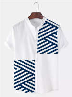ChArmkpR Heren Gestreepte Shirt Patches Staande Kraag Casual Korte Mouw Casual Overhemden