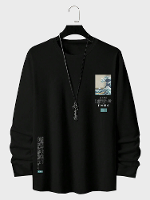 ChArmkpR Heren Japans Golf Ukiyoe Print Crew Neck Katoenen Lange Mouw T Shirts