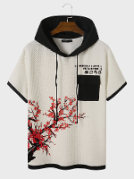 ChArmkpR heren Japanse bloemenprint patchwork korte mouw hooded T shirts