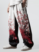 ChArmkpR Heren Japanse Bloemenprint Patchwork Trekkoord Taille Rechte Broek