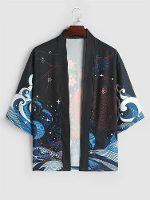 ChArmkpR Heren Japanse Golfkarper Bloemenprint Open Voorkant Losse Kimono