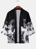ChArmkpR Heren Japanse golfprint Open Voorkant Losse 3/4 Mouw Kimono