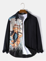 ChArmkpR Heren Japanse katvisprint patchwork lange mouwen overhemden