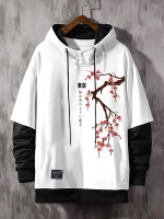 ChArmkpR Heren Japanse kersenbloesem print contrast patchwork trekkoord hoodies