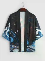 ChArmkpR Heren Japanse Wave Carp Print Kimono