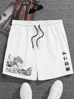 ChArmkpR Heren Japanse Wave Ukiyoe Print Trekkoord Taille Shorts