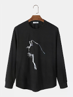 ChArmkpR Heren Kat Grafische Crew Neck Gebogen Hem Lange Mouwen T Shirts