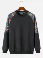 ChArmkpR Heren Pullover Hoodies Etnisch Patroon Patchwork Raglan Mouwen Ronde Hals Sweatshirts