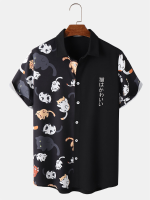 ChArmkpR Heren Schattig Kat Japans Print Revers Korte Mouw Shirts