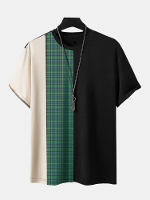 ChArmkpR Heren Schotse Ruit Patchwork T shirts met korte mouwen en ronde hals