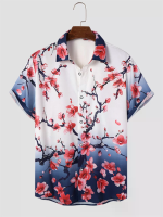 ChArmkpR Heren Shirt Japanse Kersenbloesem Ombre Print Kraag Korte Mouwen Shirts