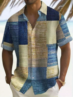 ChArmkpR Heren Shirt Kleurblokprint Knopsluiting Korte Mouwen Shirts Zomer Vakantie Strandshirt