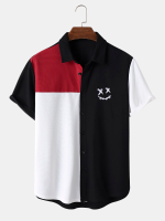 Heren Smile Face borduurwerk Color Block Knit Shirts met korte mouwen