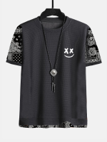 Heren Smile Face Paisley print stiksels textuur T shirts met korte mouwen