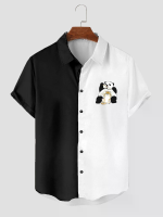 ChArmkpR Heren T shirt met korte mouwen en kraag, voorzien van een cartoon kattenpanda print en patchwork