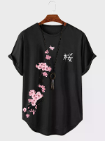 ChArmkpR Heren T shirts met Kersenbloesems en Gebogen Zoom