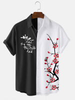 ChArmkpR Herenbloemenprint Contrast Patchwork Revers Korte Mouw Overhemden