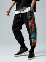 ChArmkpR Herenbroek Etnisch Patroon Patchwork Touwsluiting Taille Losse Trainingsbroek Casual Broeken