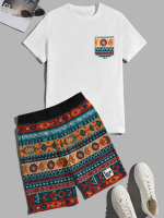ChArmkpR Herenkleurrijk geometrisch print ronde hals Etnische tweedelige outfits