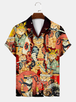 ChArmkpR Mannen Allover Japanse Kattenprint Revere Kraag Korte Mouw Shirts