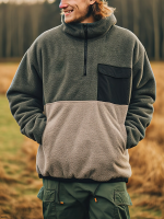 Mannen Contrast Patchwork Half Zip Flap Zak Fleece Pullover Sweatshirts