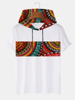Mannen Etnische Totem Print Patchwork Korte Mouw Capuchon T Shirts
