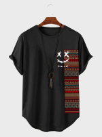ChArmkpR Mannen Glimlach Etnisch Geometrisch Print Patchwork Gebogen Zoom Korte Mouw T Shirts