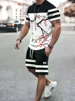 ChArmkpR Mannen Twee Stuks Set Japanse Kersenbloesemprint Gestreept Patchwork Twee Stuks Outfits