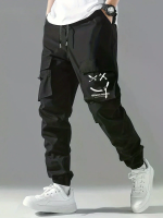 ChArmkpR Mannen Zwarte Broek Glimlach Gezicht Print Multi Pocket Tekstuur Taille Cargo Broeken