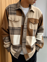 Mens Check Plaid Flap Pocket Metal Button Long Sleeve Shirts