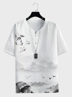 Mens Chinese Crane Landscape Ink Painting Notched Neck Texture T Shirts