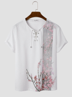 Mens Chinese Plum Bossom Print Lace Up Neck Short Sleeve T Shirts
