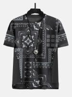Mens Ethnic Floral Print Crew Neck Knit Short Sleeve T Shirts