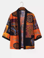 Mens Ethnic Totem Color Block Contrast Trim Cotton Kimono