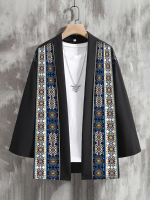 Mens Ethnic Vintage Geometric Print Patchwork Loose 3/4 Sleeve Kimono
