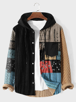 Mens Etnisch Tribal Patroon Patchwork Corduroy Hooded Shirt Jacket
