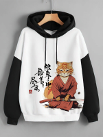 Mens Japanse Warrior Cat Print Patchwork Trekkoord Hoodies