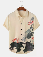 ChArmkpR Mens Lotus Inkt Schilderij Afdruk Knoop Up Korte Mouw Hemden