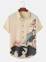 Mens Lotus Inkt Schilderij Print Knoopsluiting Korte Mouw Overhemden