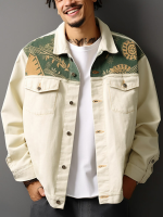 Mens Plant Print Patchwork Flap Pocket Lapel Loose Jas