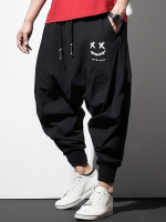 Mens Smile Face Print Casual Drawstring Waist Loose Pants