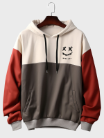 Mens Smile Face Print Patchwork Schuine Zak Trekkoord Hoodies
