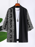 Mens Vintage Geometric Pattern Patchwork Loose 3/4 Sleeve Kimono