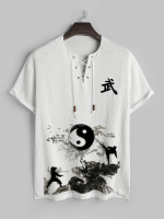 T shirts met Chinese Yin Yang inktprint en vetersluiting voor heren