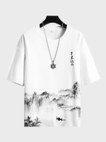 T shirts met ronde hals en korte mouwen voor heren met Chinese inkt en landschapsprint